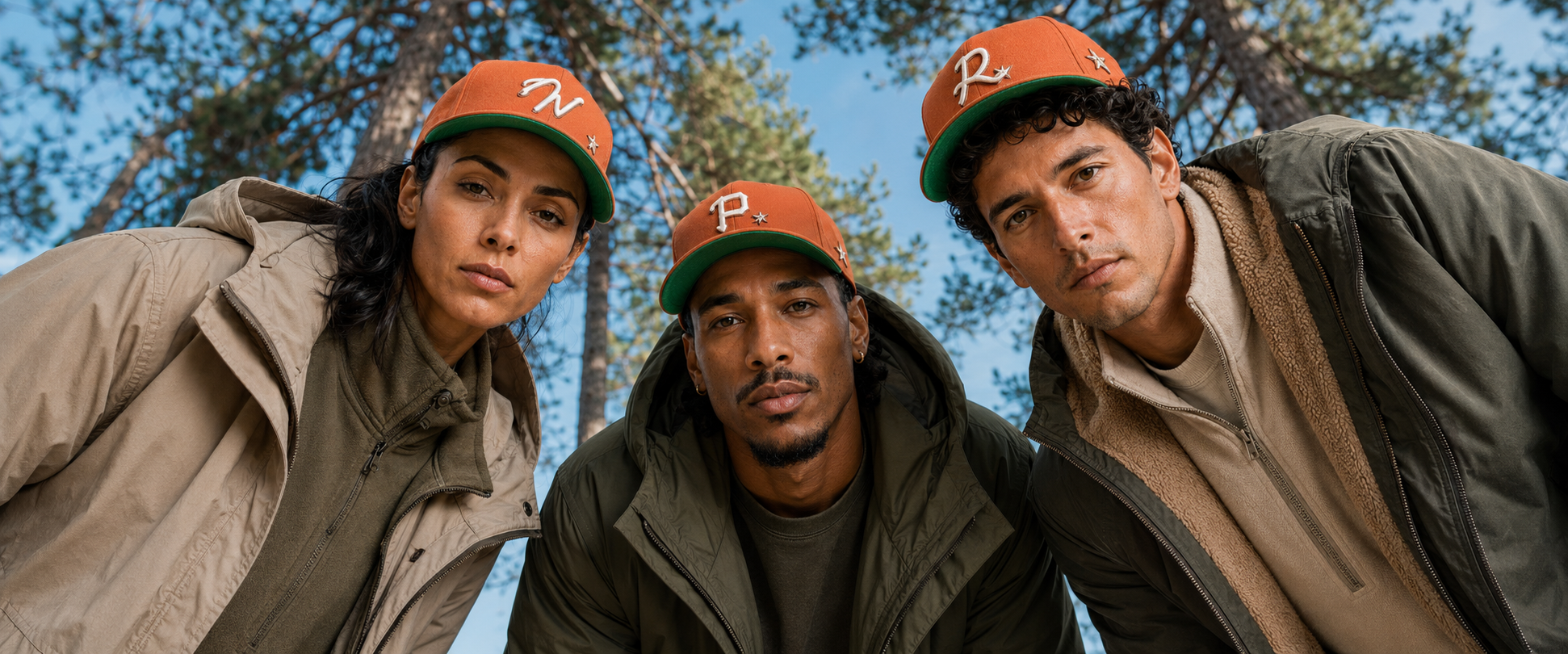 Three athletes in branded caps and outdoor jackets Interactive Sport accessory distribution in Europe