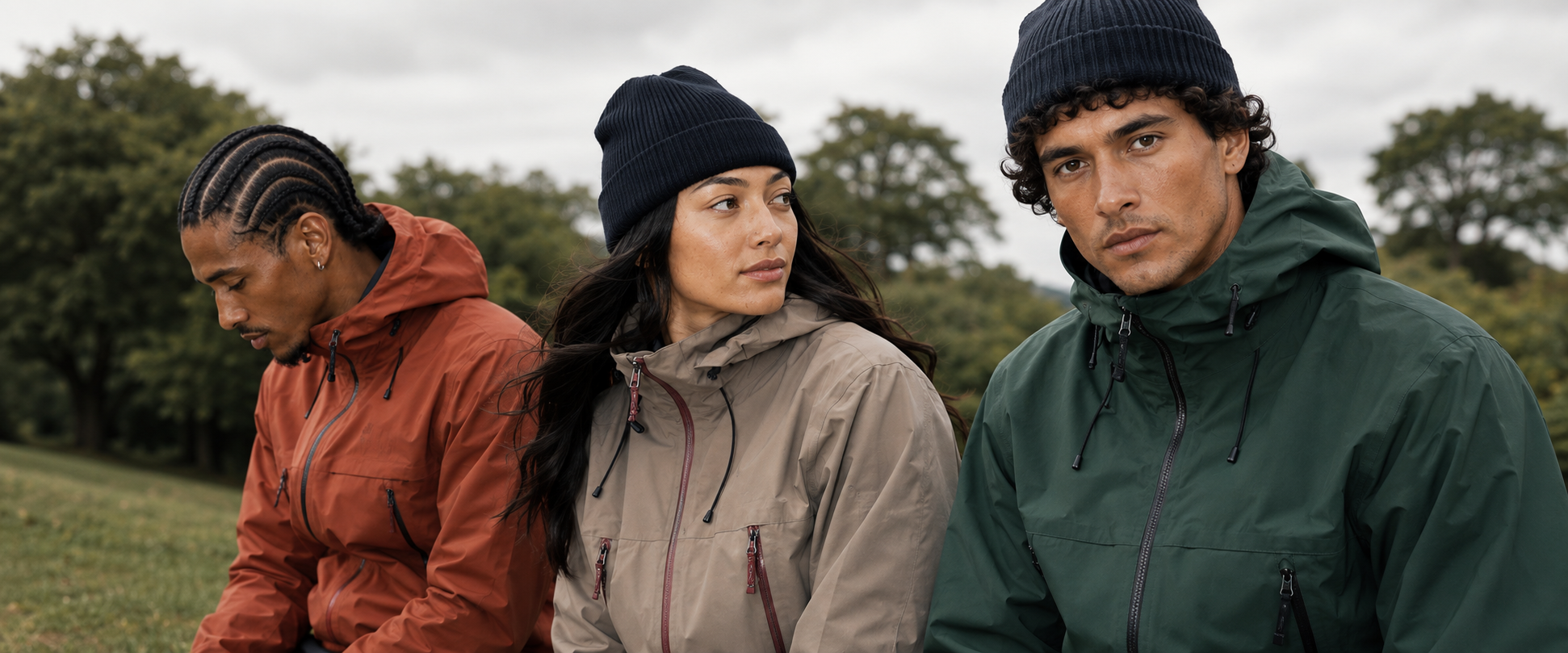 Three outdoor athletes in technical jackets among trees European outdoor brand portfolio